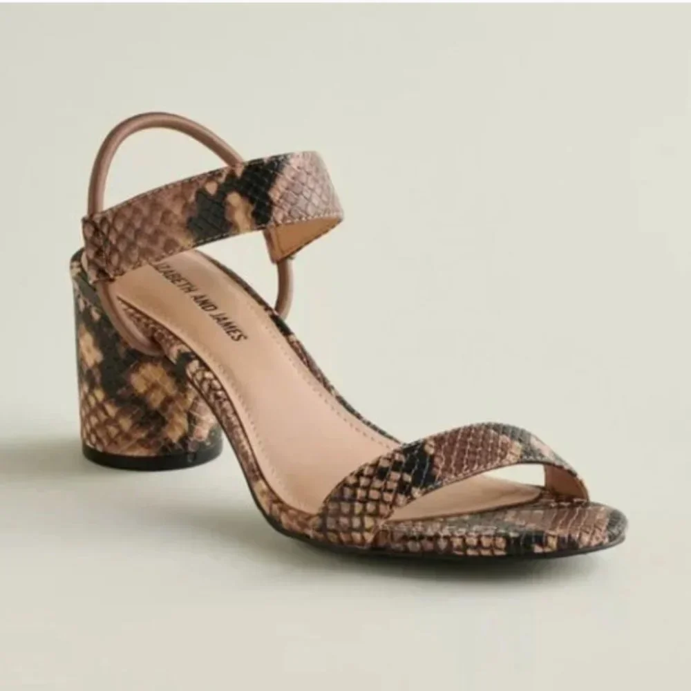 NWOT Elizabeth & James Block Heel Chunky Strappy Sandals 8 Snake Faux Leather